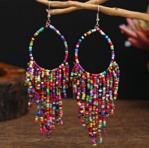 Boho Colorful Beaded Fringe Hoop Earrings